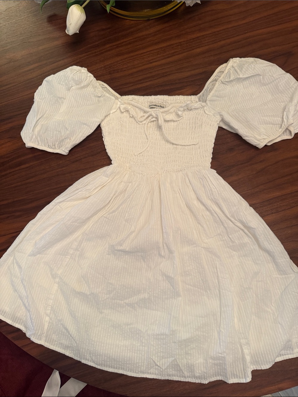 Abercrombie & Fitch White Puff-Sleeve Smocked Sundress